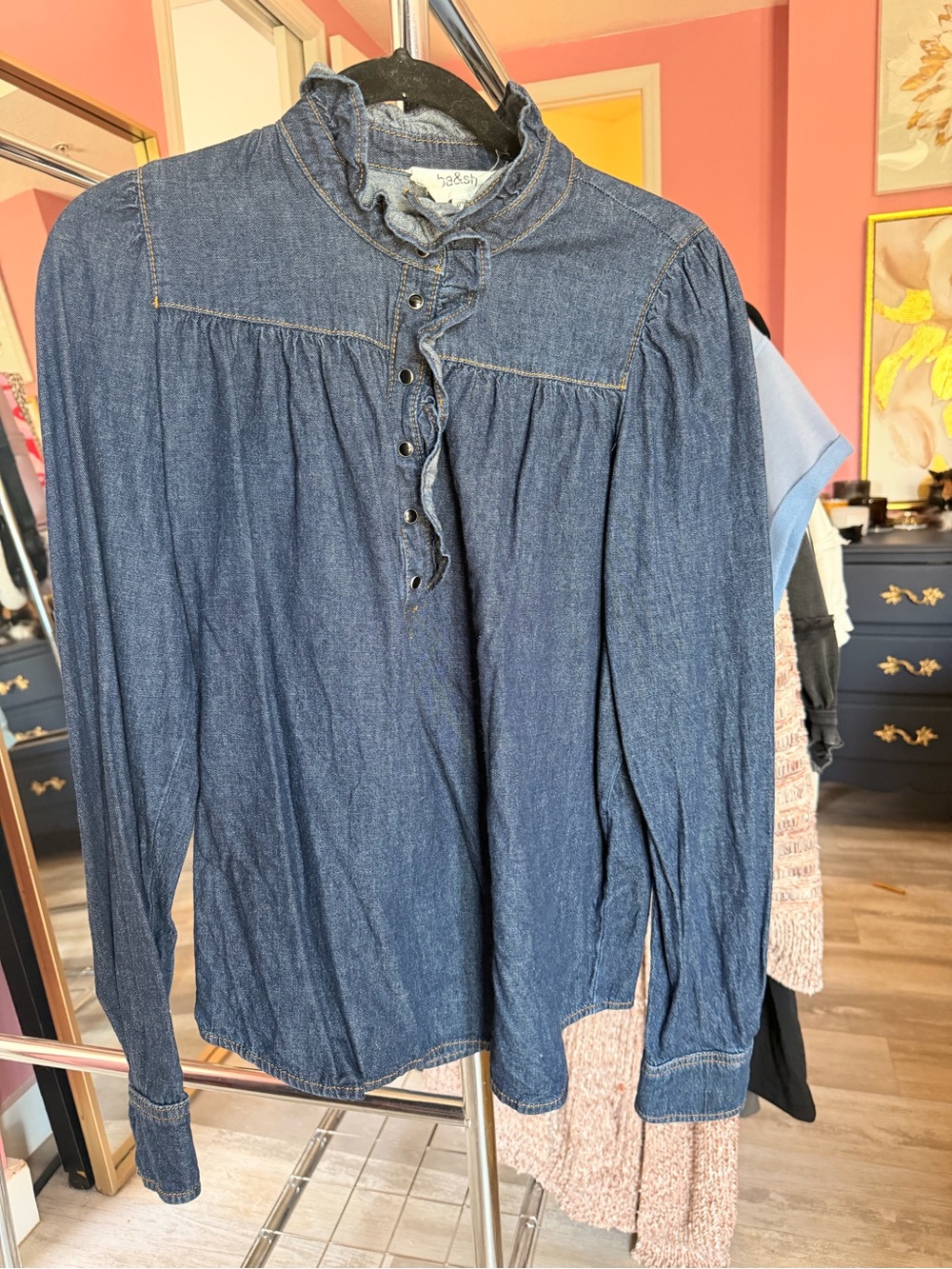 ba&sh Denim Button-Front Top in Indigo Blue